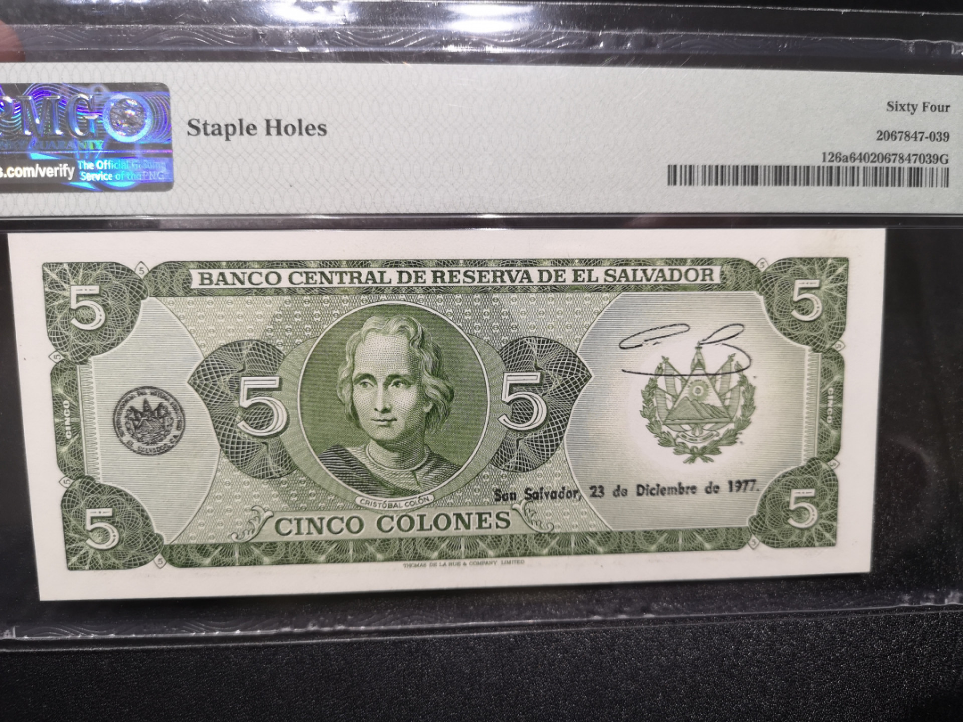 《外钞收藏家》第一百五十二期拍卖（本期98件） 萨尔瓦多5克朗 PMG64 无47靓号