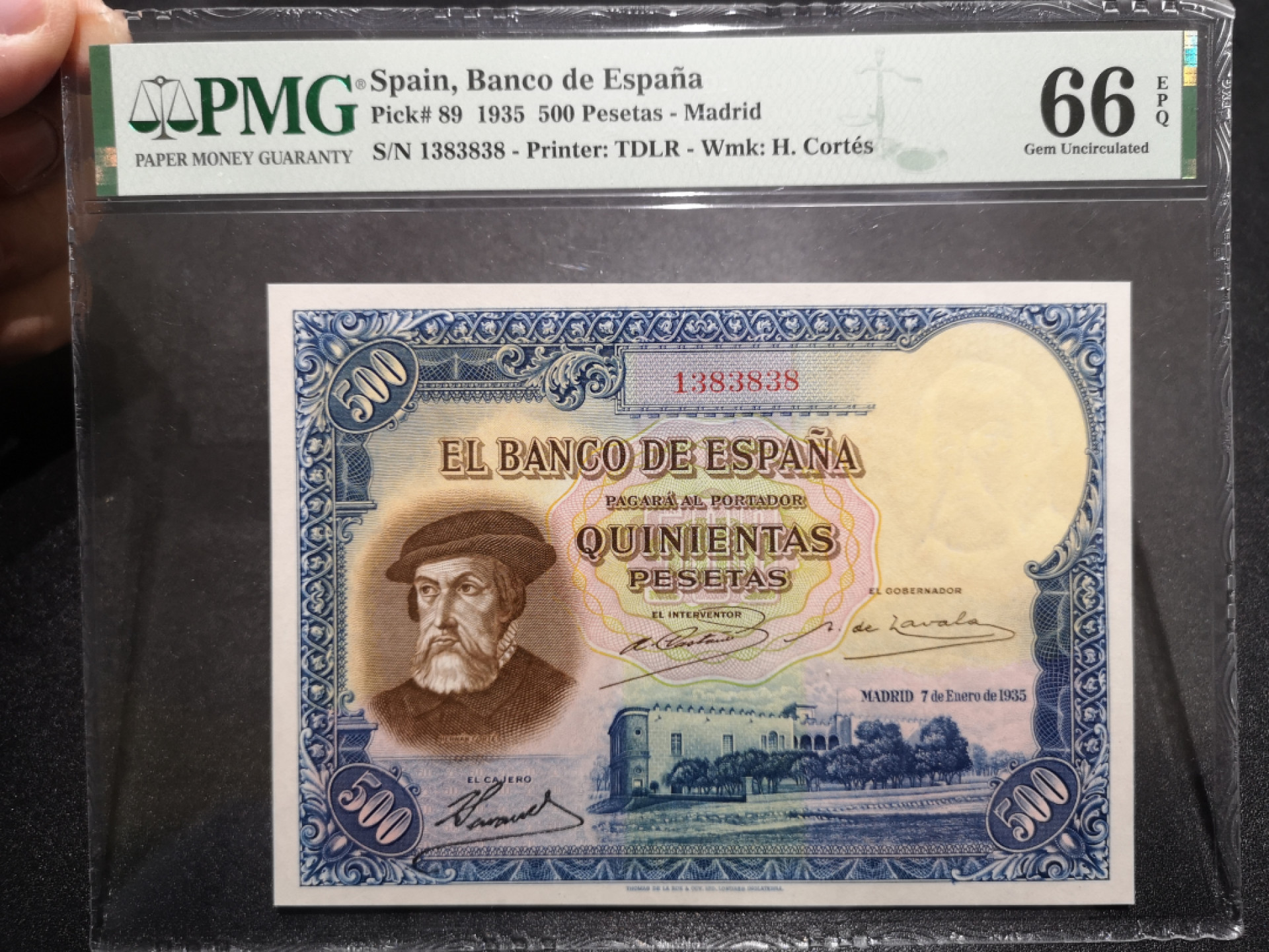 《外钞收藏家》第一百五十二期拍卖（本期98件） 1935年西班牙500比塞塔 PMG66 无47尾8 名誉品
