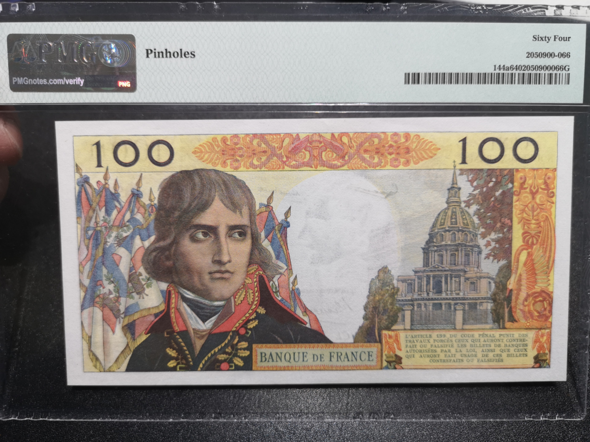 《外钞收藏家》第一百五十二期拍卖（本期98件） 1960年法国100法郎 PMG64 拿破仑