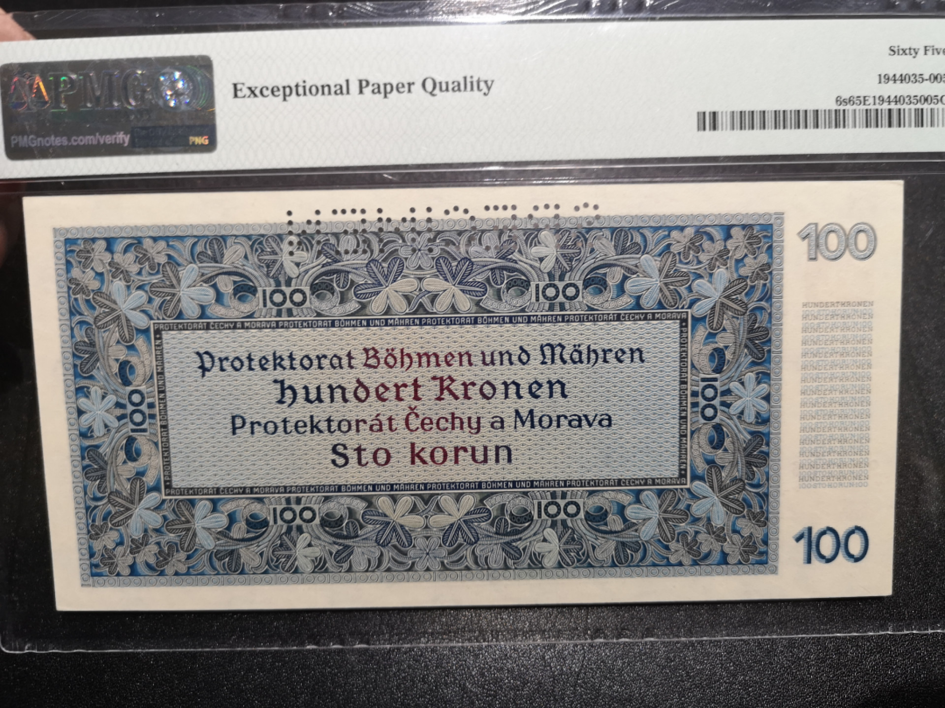 《外钞收藏家》第一百五十二期拍卖（本期98件） 1940年波西米亚和莫拉维亚 100克朗 PMG65 样钞