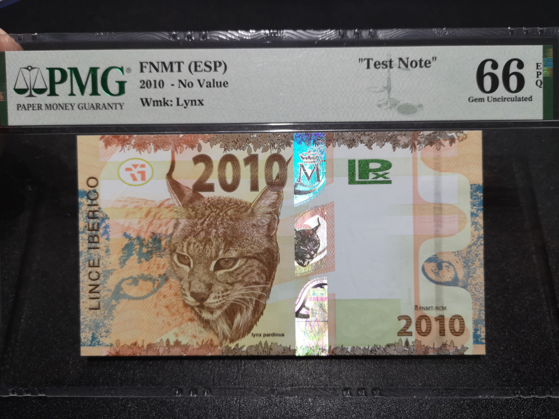 《外钞收藏家》第一百五十二期拍卖（本期98件） 2010年西班牙印钞厂测试钞 PMG66 猞猁猫