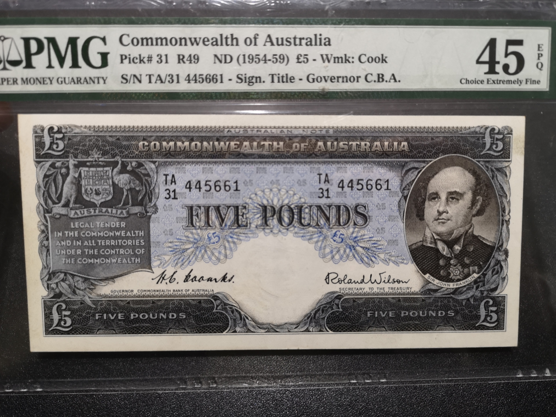 《外钞收藏家》第一百五十二期拍卖（本期98件） 1954-59年澳大利亚5镑 PMG45