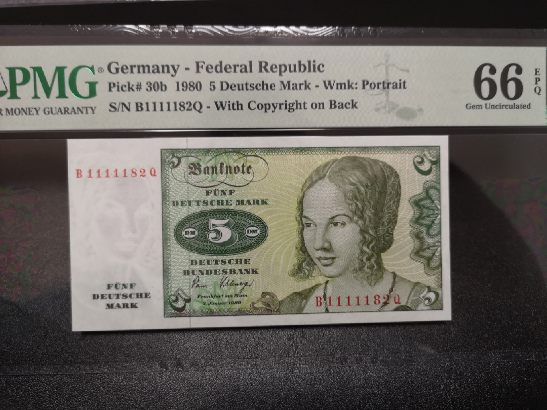 《外钞收藏家》第一百五十二期拍卖（本期98件） 1980年德国5马克 PMG66 大象号11111开头 靓号