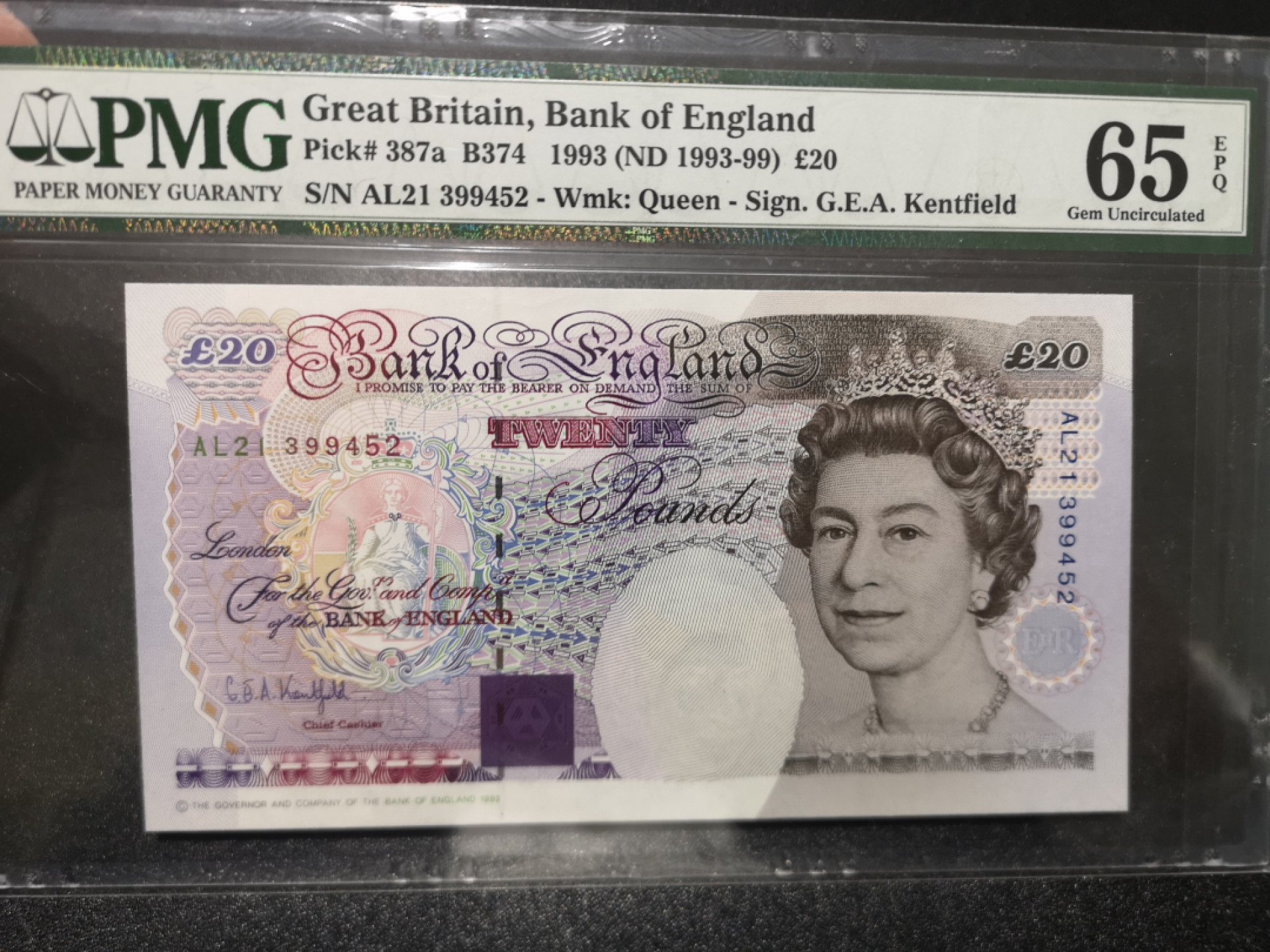 《外钞收藏家》第一百五十二期拍卖（本期98件） 1993年英国E序列20镑 PMG65