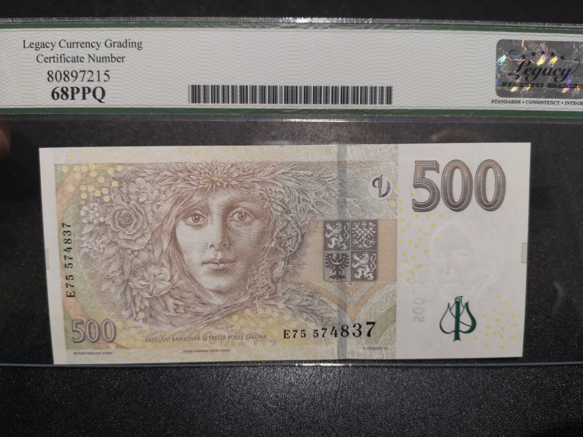 《外钞收藏家》第一百五十二期拍卖（本期98件） 2009年捷克500克朗 （PCGS）改版绿标新标签68分