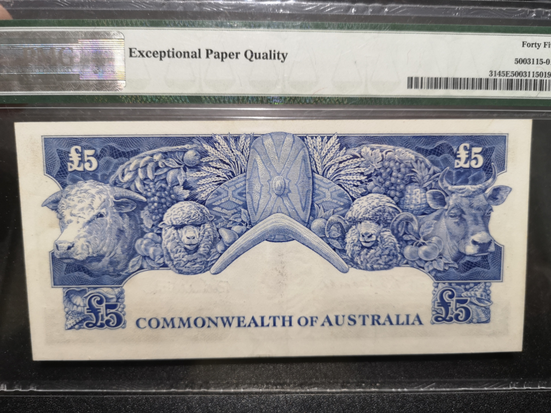 《外钞收藏家》第一百五十二期拍卖（本期98件） 1954-59年澳大利亚5镑 PMG45