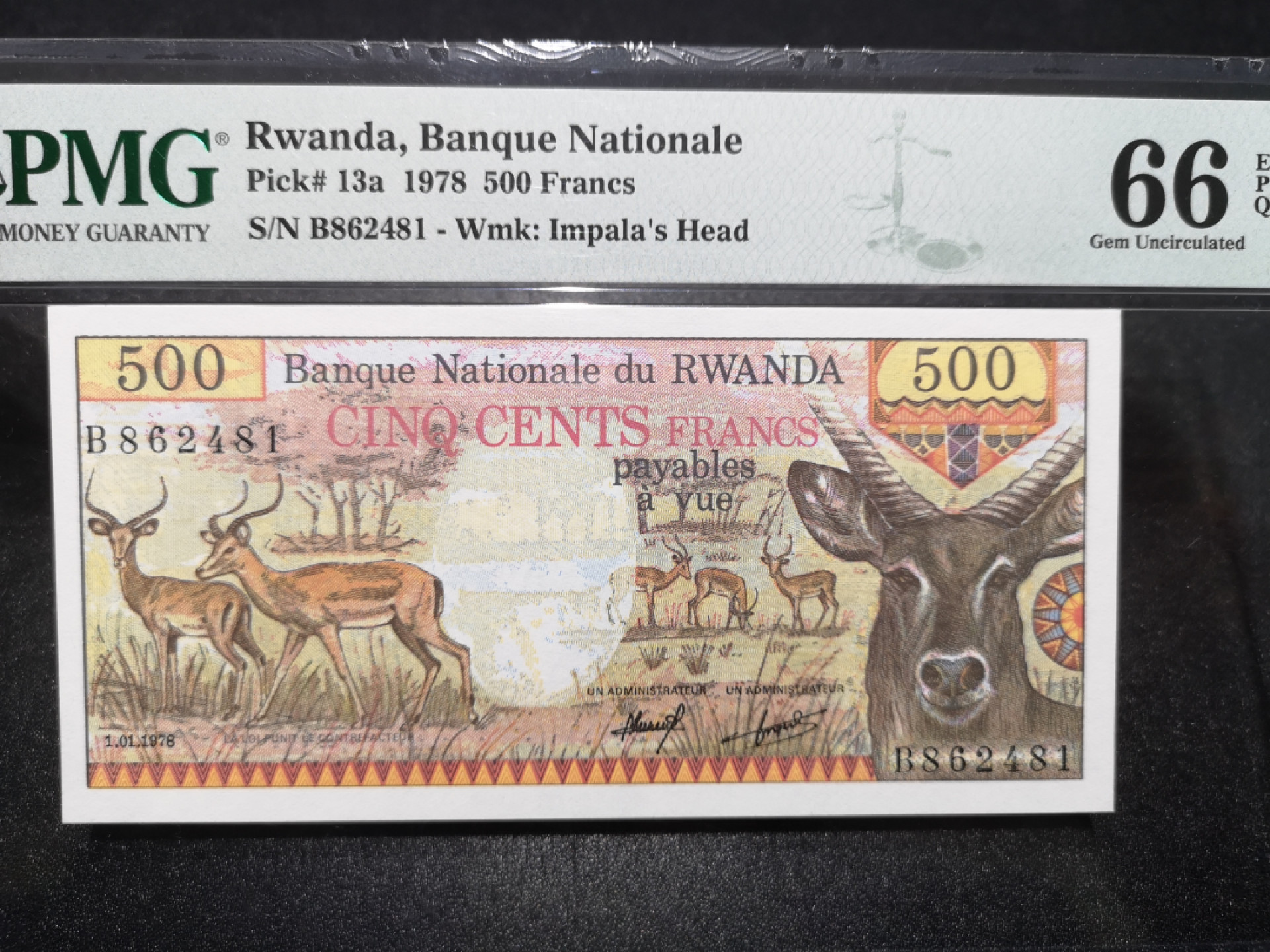 《外钞收藏家》第一百五十二期拍卖（本期98件） 1978年卢旺达500法郎 PMG67
