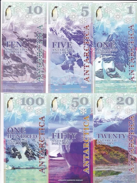 世界精品塑料钞 全新2020年 南极洲 1 - 100 元 六张同号 塑料钞 商业钞 南极动物