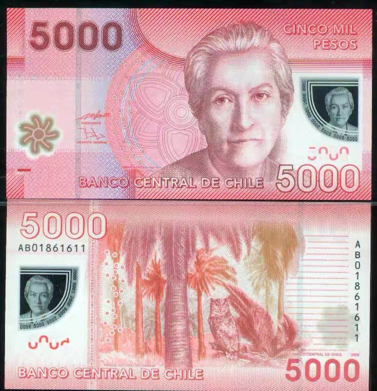 世界精品塑料钞 全新2009年 智利 5000 比索 塑料 纪念钞 首版 独立200周年 #163a
