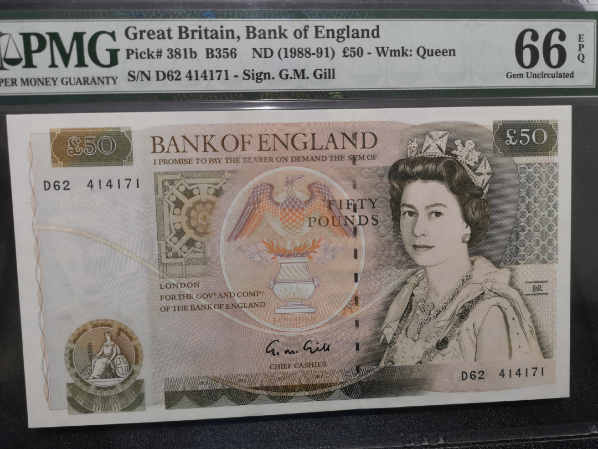 《外钞收藏家》第一百五十二期拍卖（本期98件） 英国D序列50镑 PMG66 女王水印