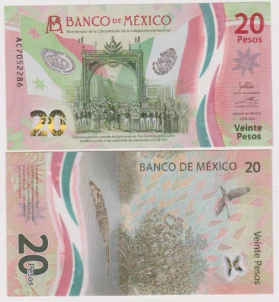 世界精品塑料钞 - 全新2021年 墨西哥 20 比索 塑料 纪念钞 #137c 全号码无4