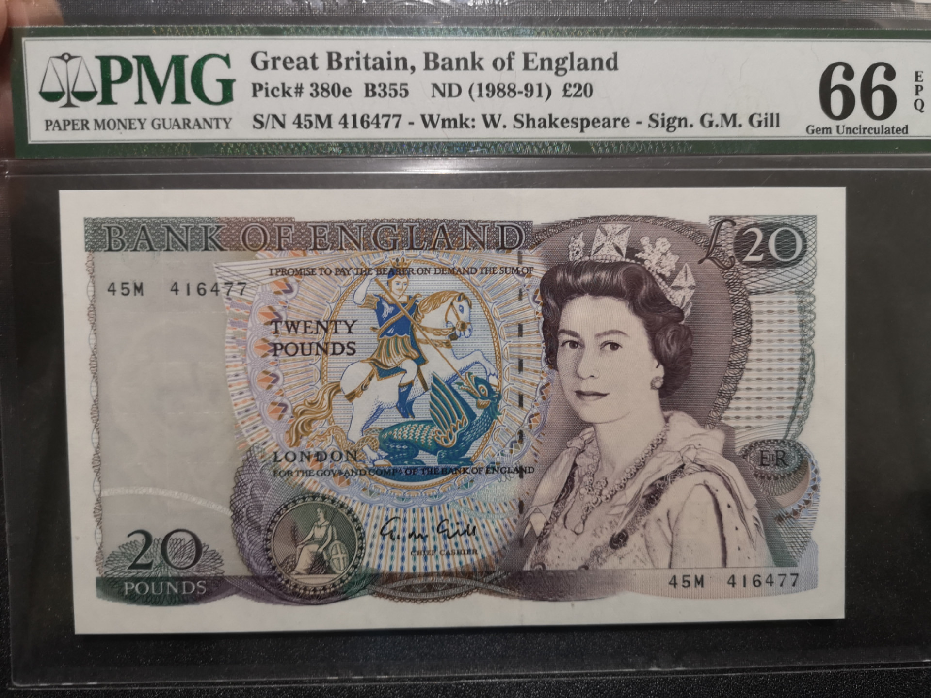 《外钞收藏家》第一百五十二期拍卖（本期98件） 英国D序列20镑 PMG66 莎翁水印