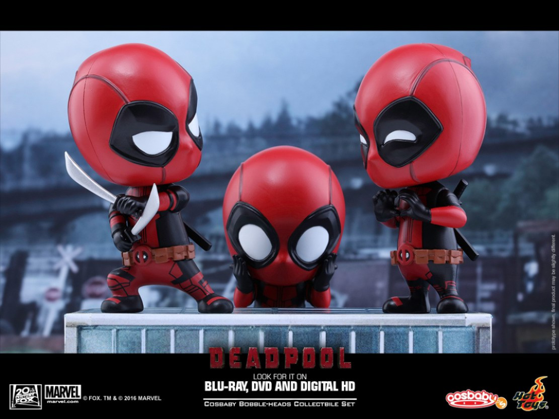 零元拍：Hot Toys ：《死侍》COSBABY系列 摇头公仔，COSB246: 惊讶版+心型手势版+战斗姿态版 套装全新未拆。