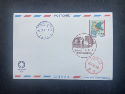【纪念片】东京奥运会 奥运临时邮局 邮局尾日 明信片实寄