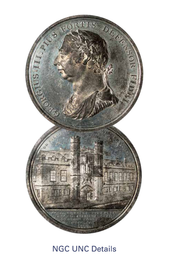 如见仁心·致远堂藏中国机制银币 1808年剑桥大学基督学院纪念章一枚，英国伯明翰造币厂铸，NGC评级UNC Detail