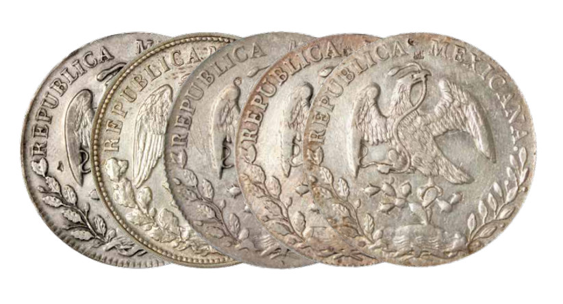 如见仁心·致远堂藏中国机制银币 1872、1886、1890、1895、1898年墨西哥鹰洋银币各一枚，含直齿、花齿，极美品