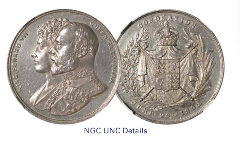 如见仁心·致远堂藏中国机制银币 1902年英国爱德华七世加冕纪念银章一枚，英国伯明翰造币厂铸，NGC评级UNC Details