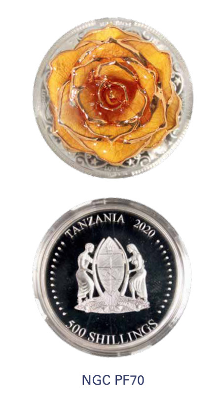 如见仁心·致远堂藏中国机制银币 2020年永恒之爱永生玫瑰纪念银币一枚，发行量600枚，采用特殊工艺，将新鲜玫瑰特殊工艺处理后，镀金封装至坦桑尼亚500先令银币中，永久保存，NGC评级PF70