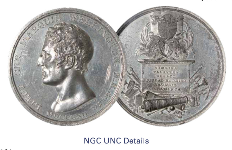 如见仁心·致远堂藏中国机制银币 1812年威灵顿胜利纪念银章一枚，英国伯明翰造币厂铸，NGC评级UNC Details
