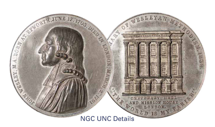 如见仁心·致远堂藏中国机制银币 1839年卫斯理卫理公会一百周年纪念章一枚，英国伯明翰造币厂铸，NGC评级UNC Details