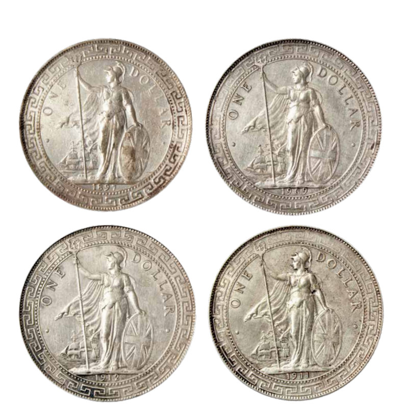 如见仁心·致远堂藏中国机制银币 1897-1911年香港贸易银元“站人”壹圆银币四枚，年份不同，近未使用品