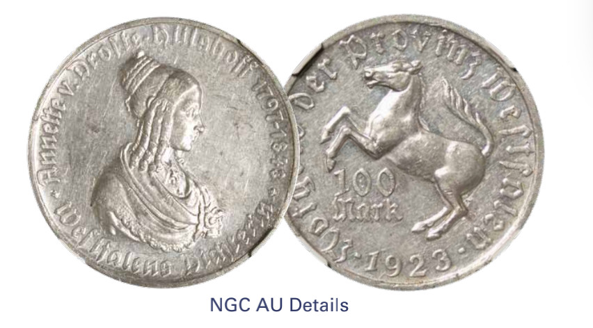 如见仁心·致远堂藏中国机制银币 1923年德国威斯特伐利亚100马克应急货币一枚，NGC评级AU Details