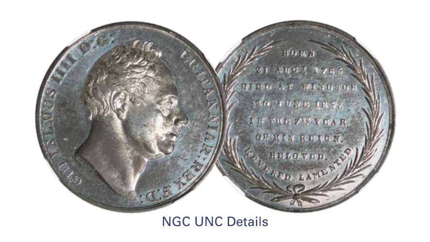 如见仁心·致远堂藏中国机制银币 1837年威廉四世纪念章一枚，英国伯明翰造币厂铸，NGC评级UNC Details