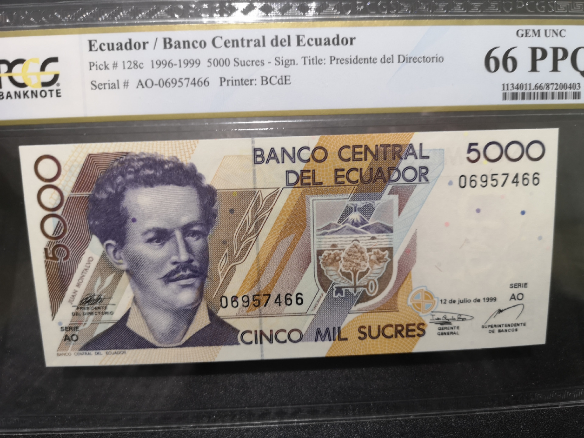 《外钞收藏家》第一百五十三期拍卖（本期94件） 1999年厄瓜多尔5000 PCGS66