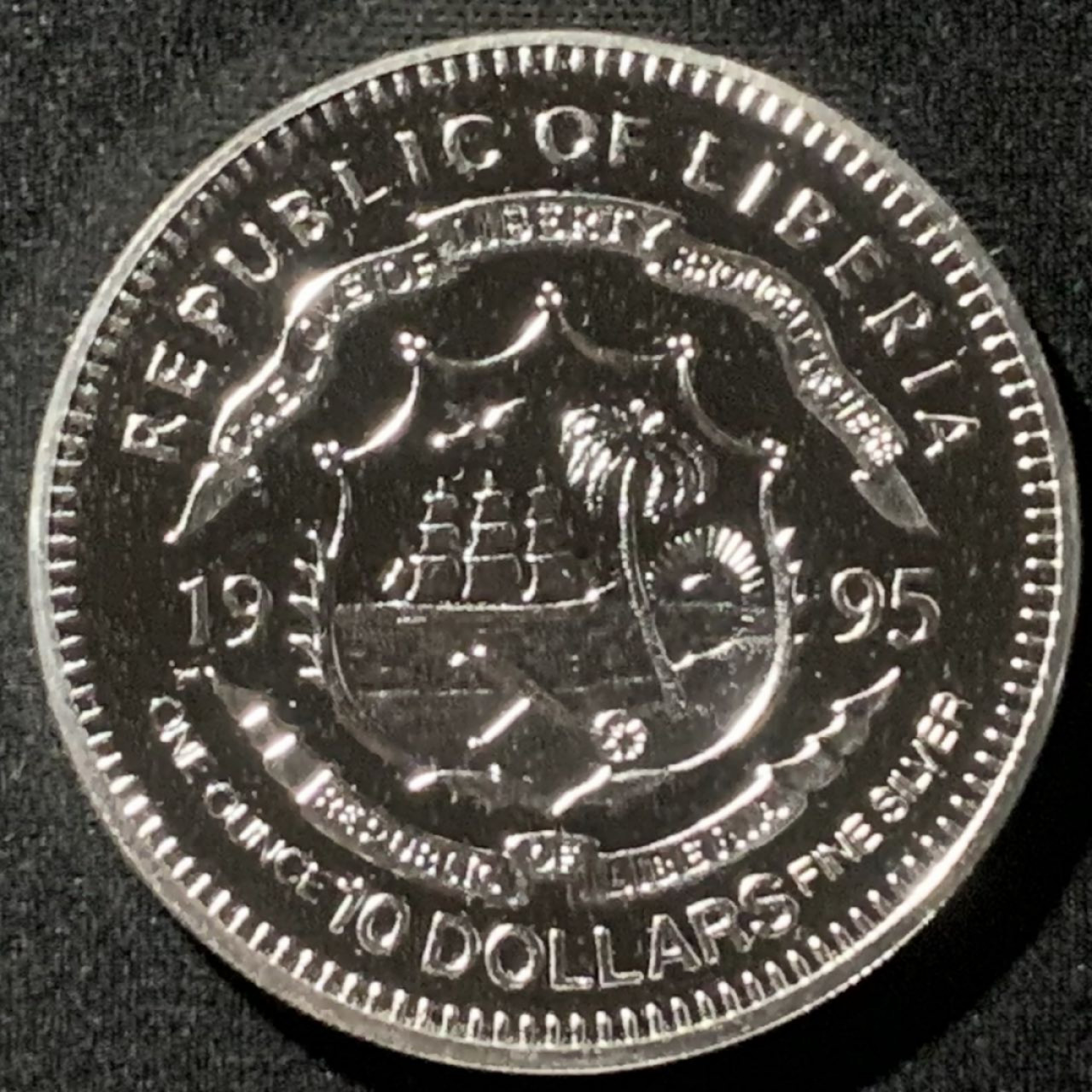 紫瑗钱币——第162期拍卖 利比里亚 1995年 联合国成立50周年 10元 31.1克 0.999银 精制