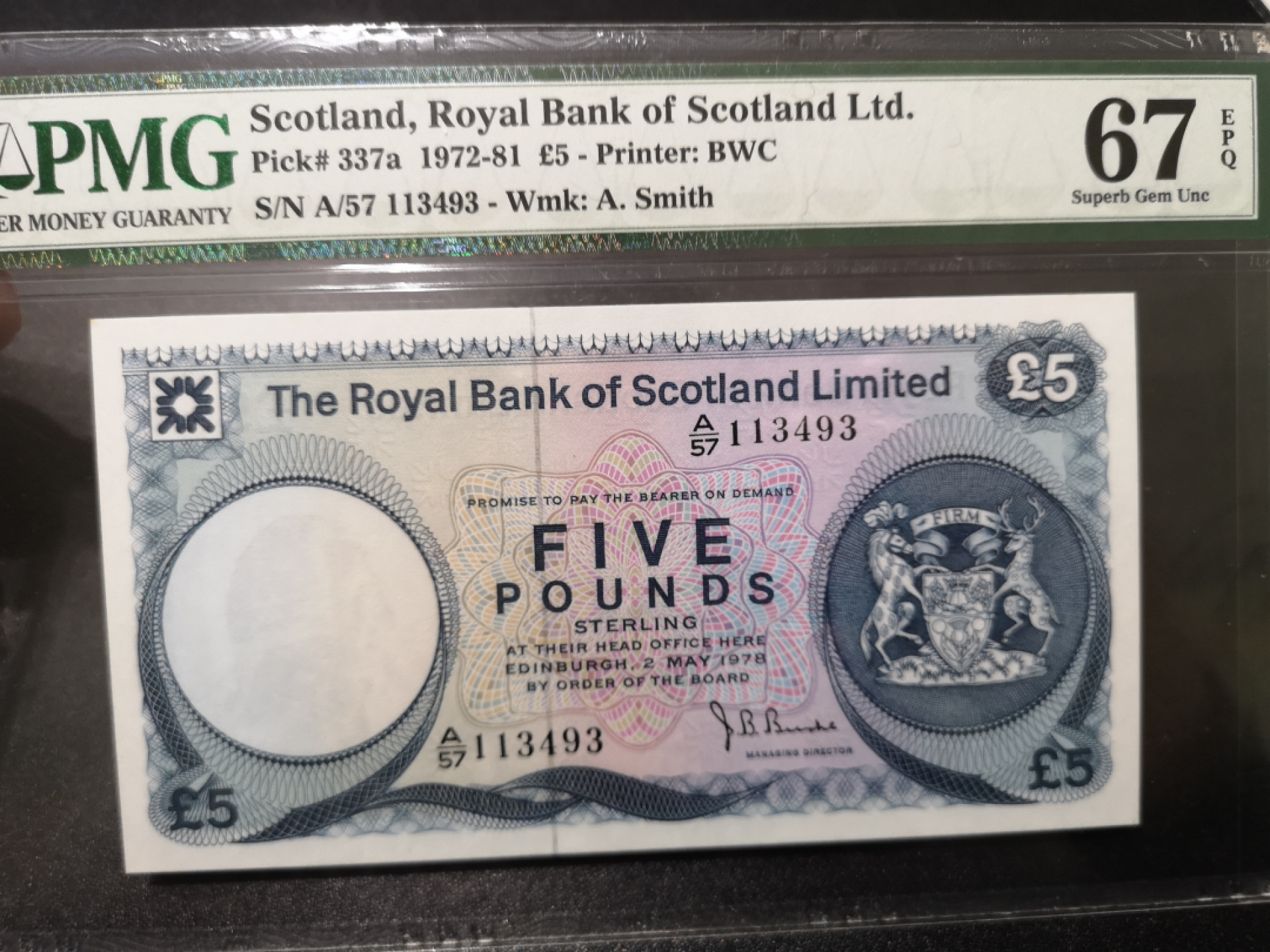 《外钞收藏家》第一百五十三期拍卖（本期94件） 1978年苏格兰5镑 PMG67 BWC作品