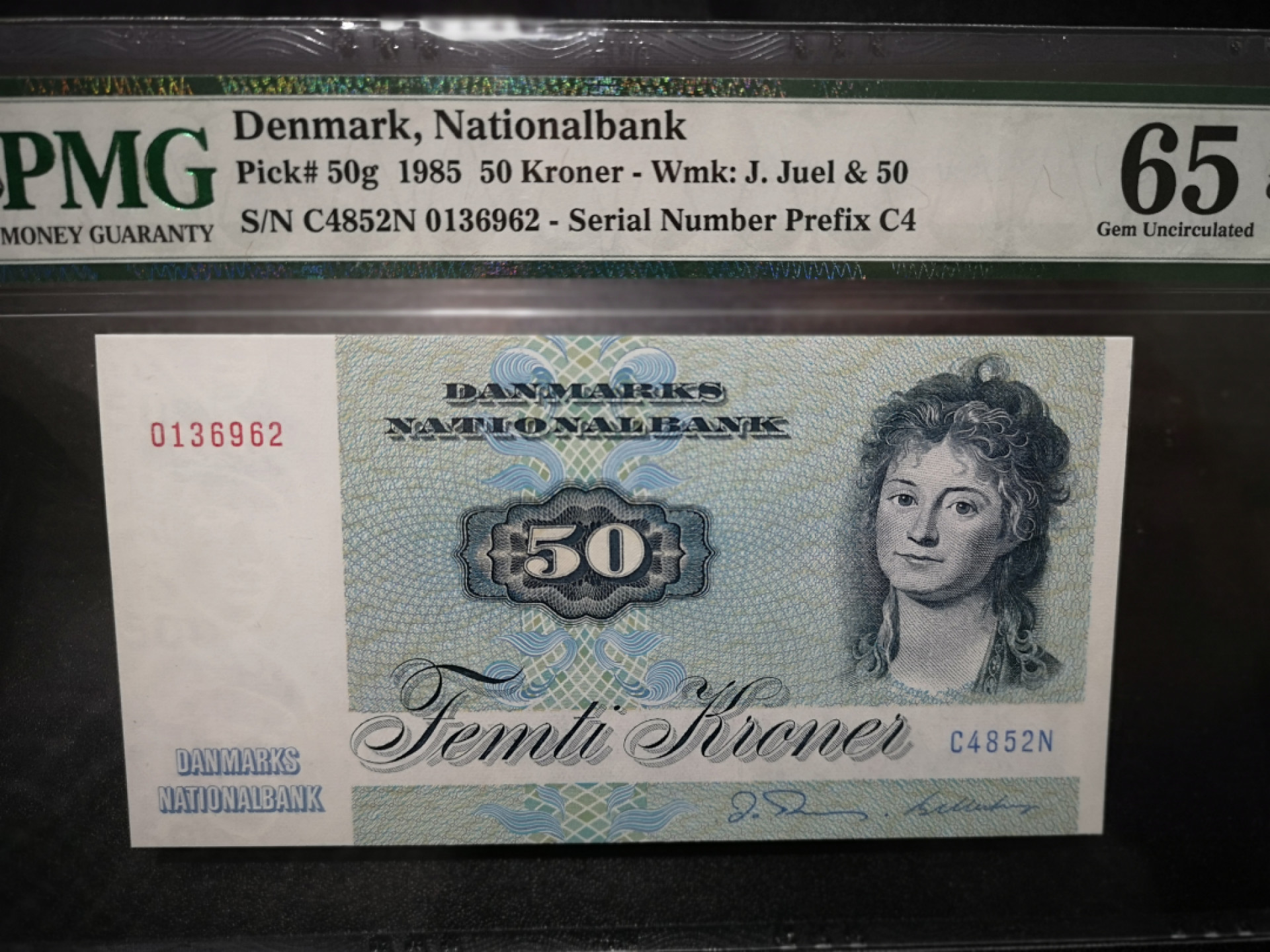 《外钞收藏家》第一百五十三期拍卖（本期94件） 1985丹麦动物版50克朗 PMG65 无47