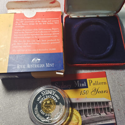 0起1加-纯粹捡漏拍-54场 - 澳大利亚2003年10元悉尼铸币厂150周年银镀金精制纪念银币-60.5克-盒证全绒盒掉绒