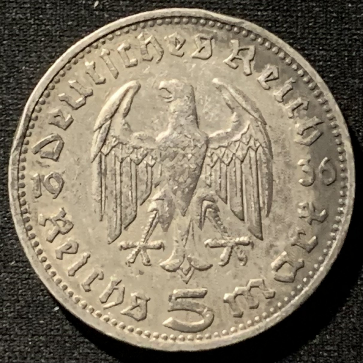 紫瑗钱币——第157期拍卖 德国 1936年 D版 兴登堡 5马克 13.88克 0.9银