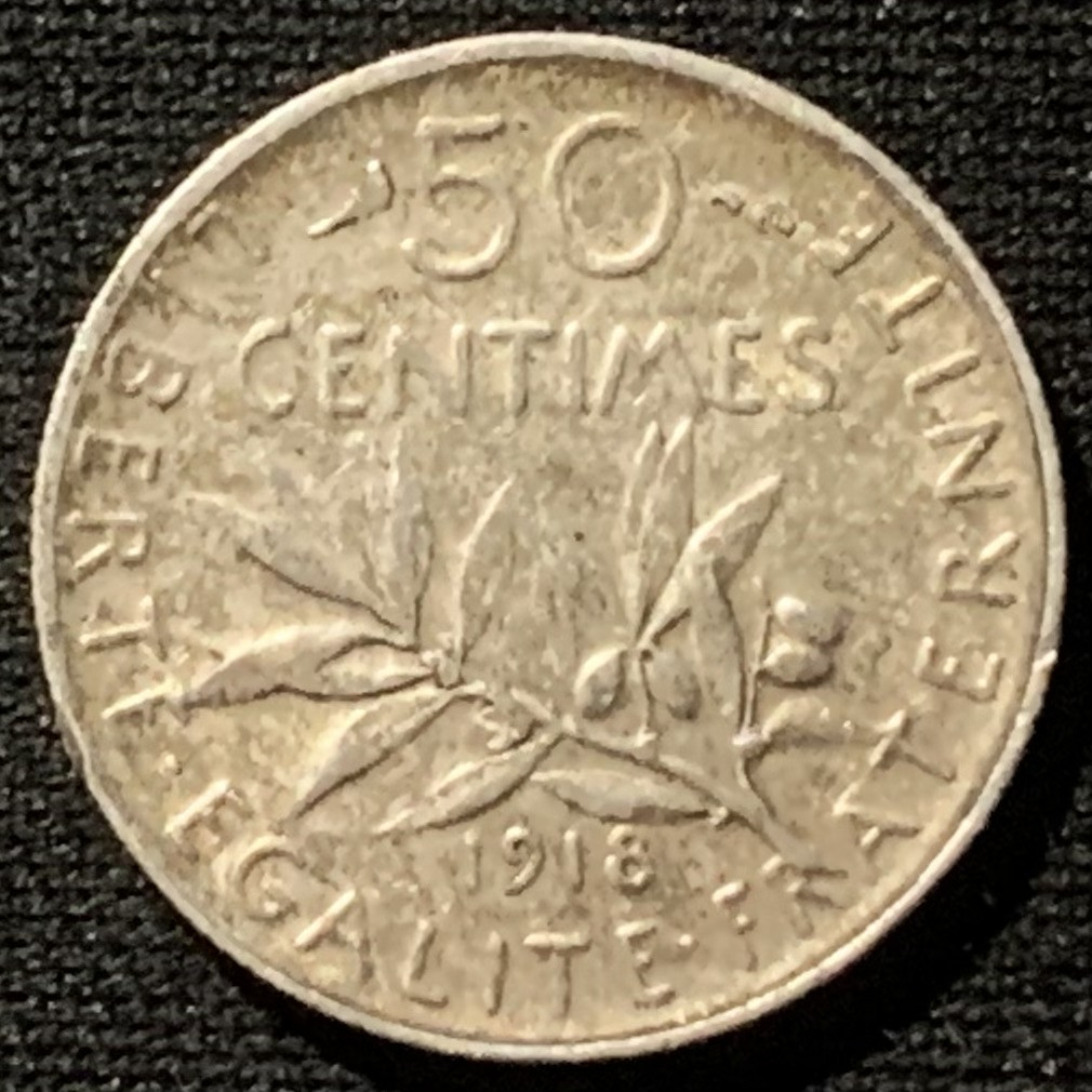 紫瑗钱币——第157期拍卖 法国 1918年 播种女神 50分 2.5克 0.835银