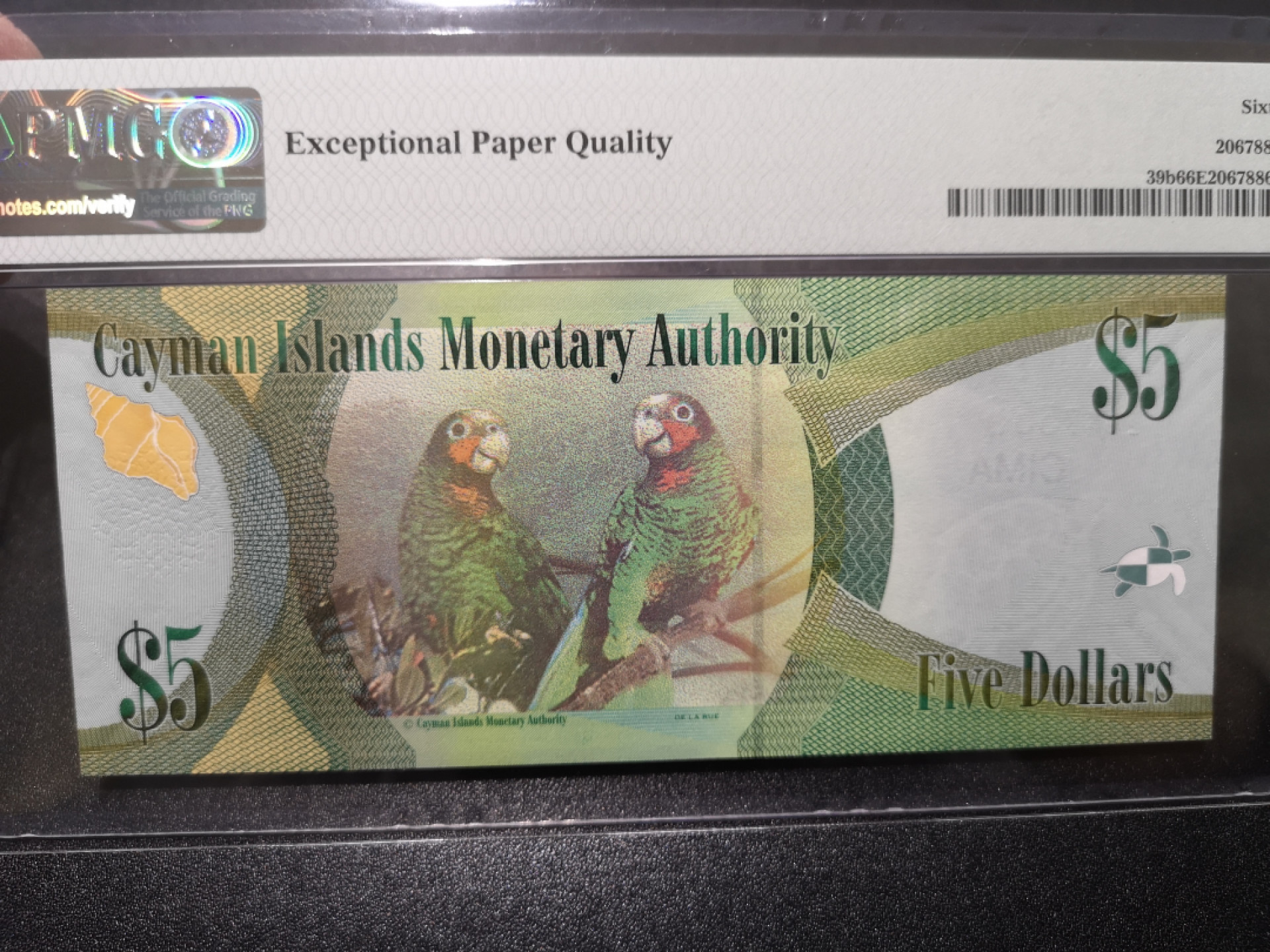 《外钞收藏家》第一百五十三期拍卖（本期94件） 2014年开曼群岛5刀 PMG66 555豹子号