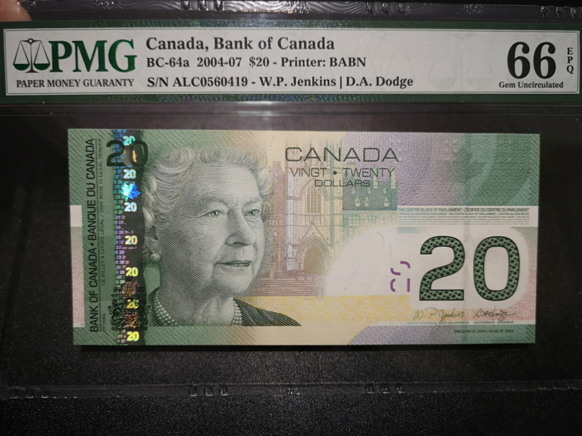 《外钞收藏家》第一百五十三期拍卖（本期94件） 2004-07年加拿大20加元 PMG66