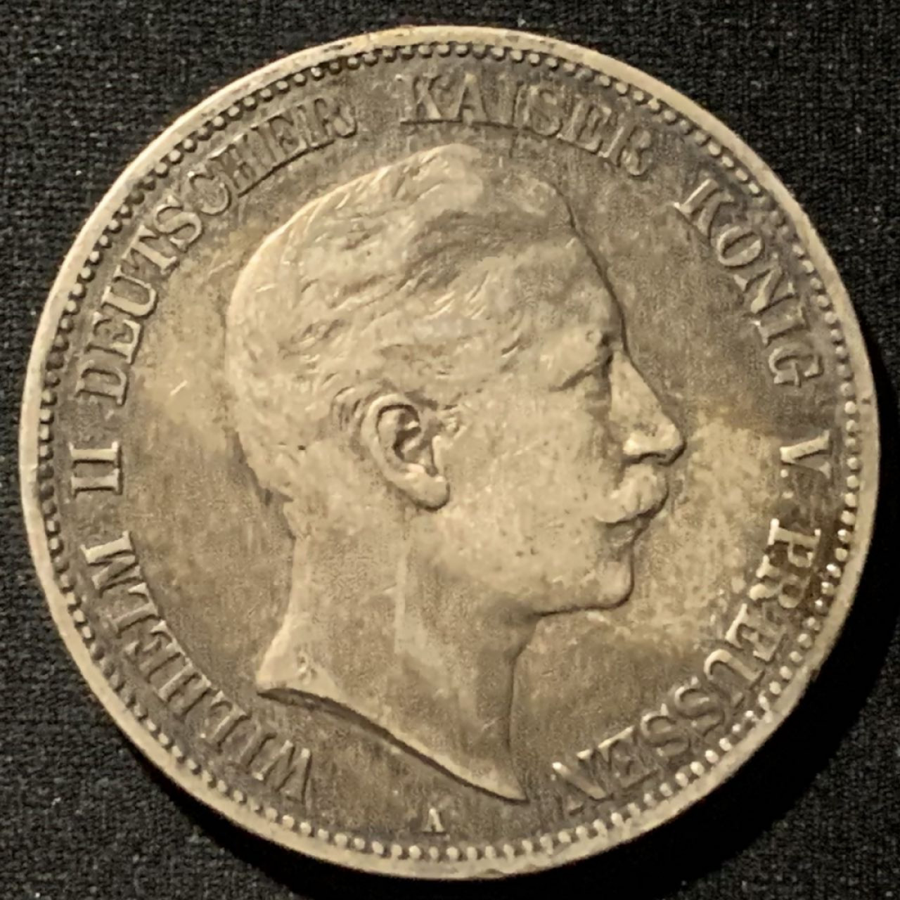 紫瑗钱币——第157期拍卖 德国 普鲁士 1903年 威廉二世 长翅 5马克 27.77克 0.9银 原味包浆