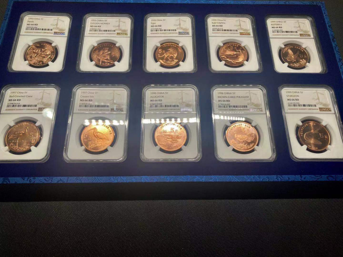 【华誉王者】1862期拍卖 NGC66RD 野生动物十枚一套，发行量 600万。带NGC RD标 原始红色超过95！