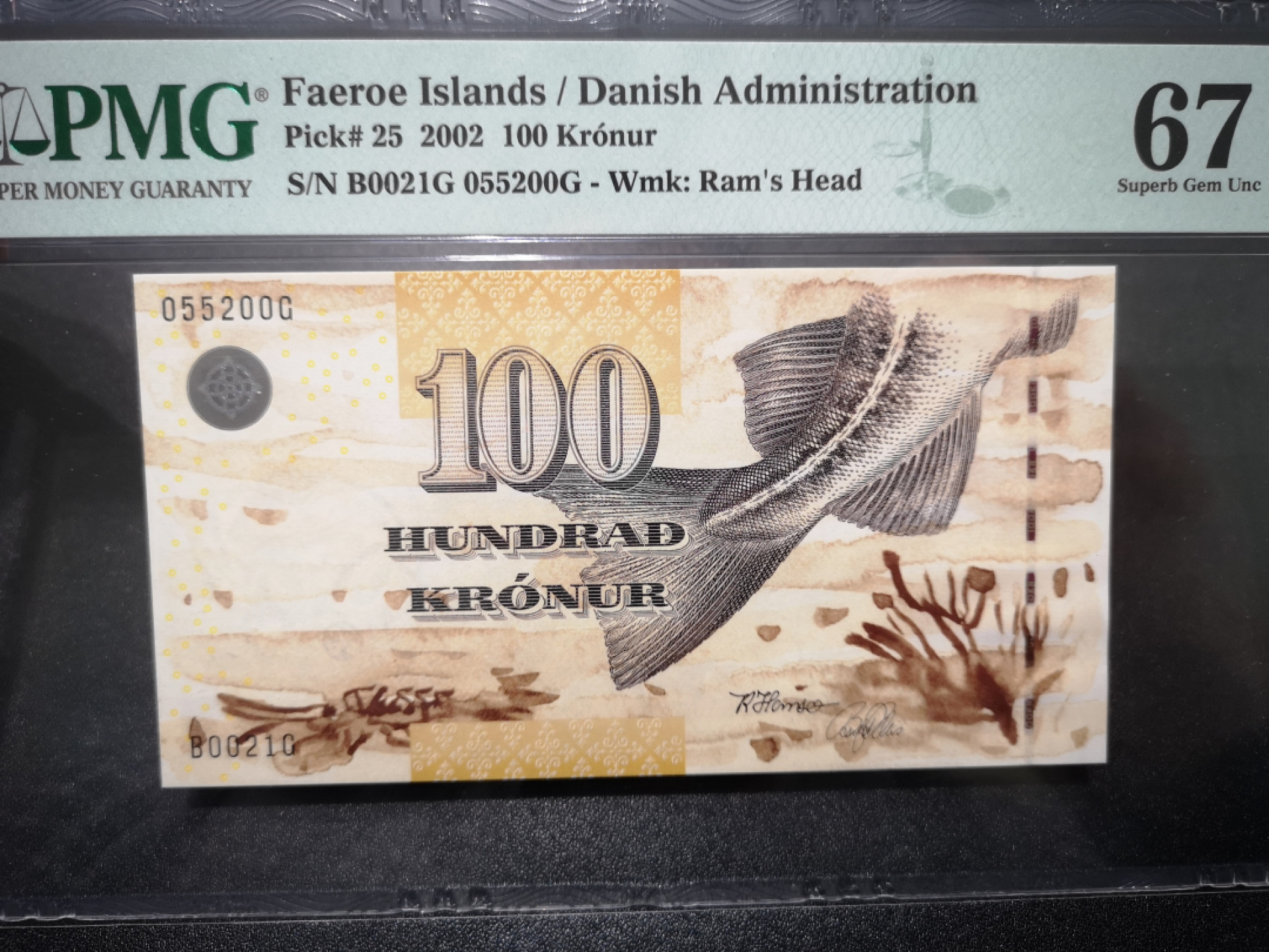 《外钞收藏家》第一百五十三期拍卖（本期94件） 2002年法罗群岛100克朗 PMG67 无47靓号 初版