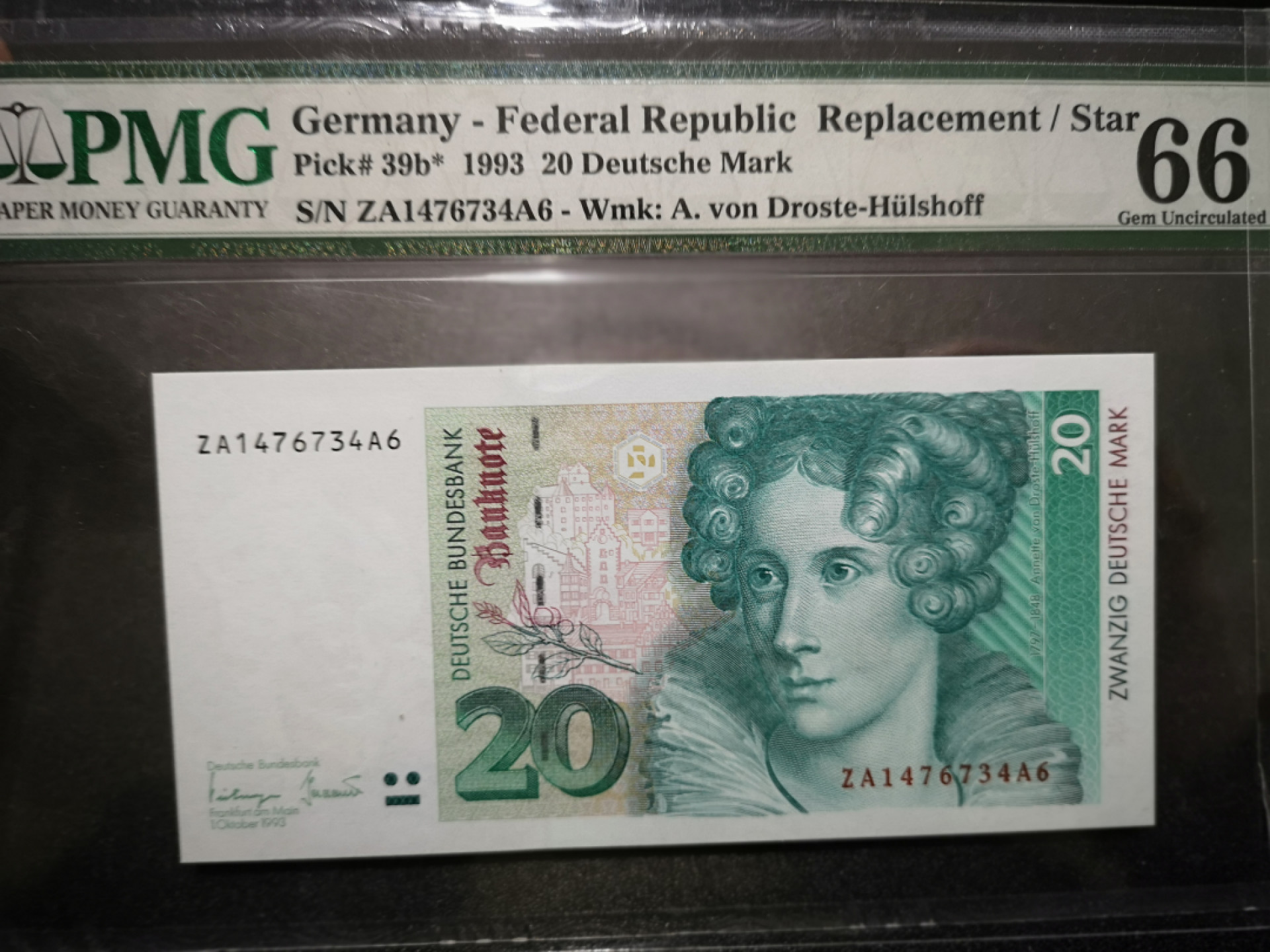 《外钞收藏家》第一百五十三期拍卖（本期94件） 1993年德国末版20马克 PMG66 补号