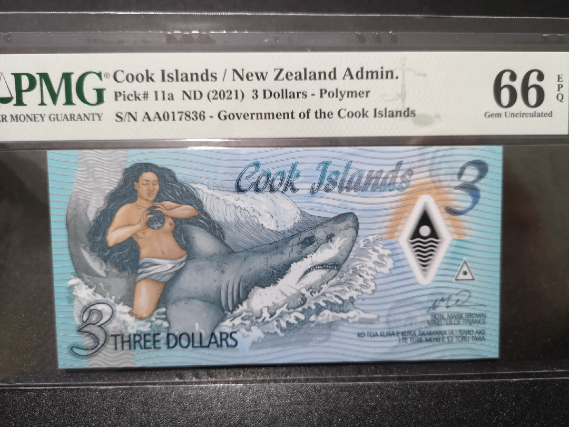 《外钞收藏家》第一百五十三期拍卖（本期94件） 2021年库克群岛3刀 PMG66 AA冠