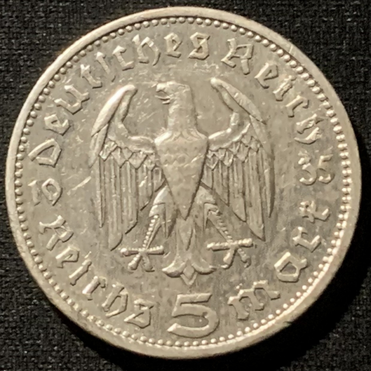 紫瑗钱币——第157期拍卖 德国 1935年 A版 兴登堡 5马克 13.88克 0.9银