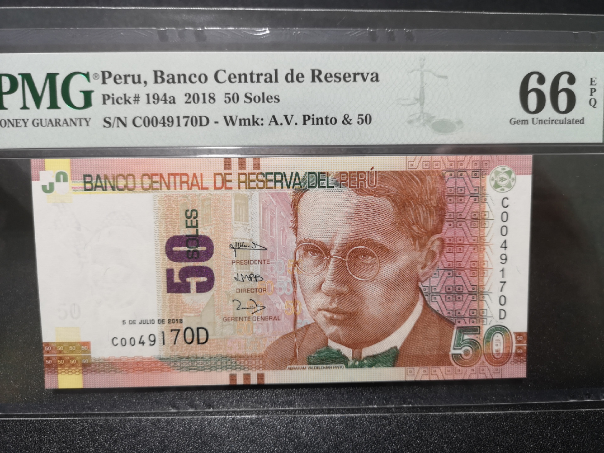 《外钞收藏家》第一百五十三期拍卖（本期94件） 2018年秘鲁50索尔 PMG66