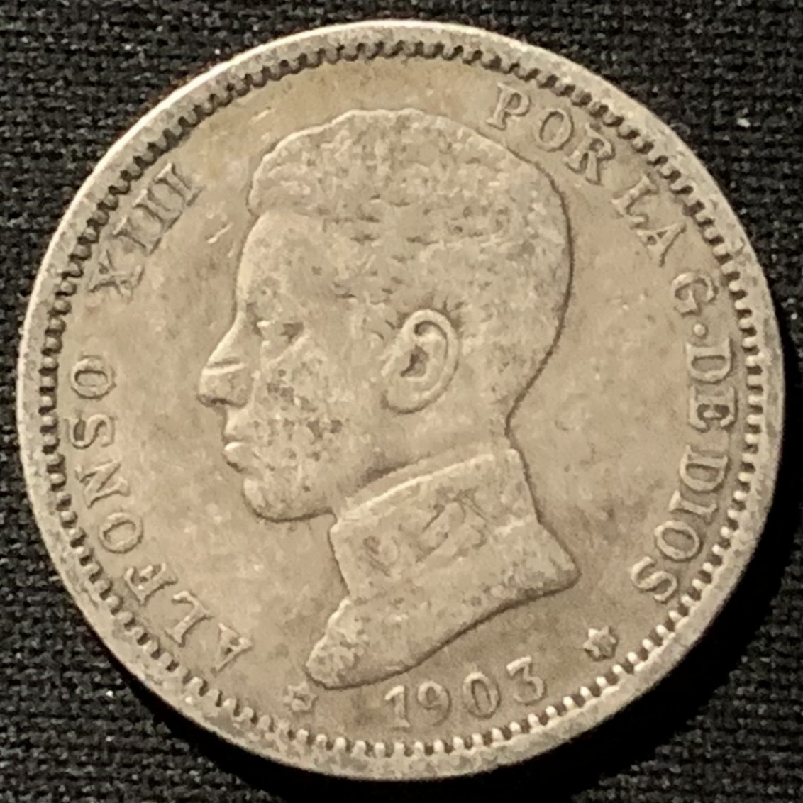 紫瑗钱币——第157期拍卖 西班牙 1903年 阿方索十三世 少年头 1比塞塔 5克 0.835银