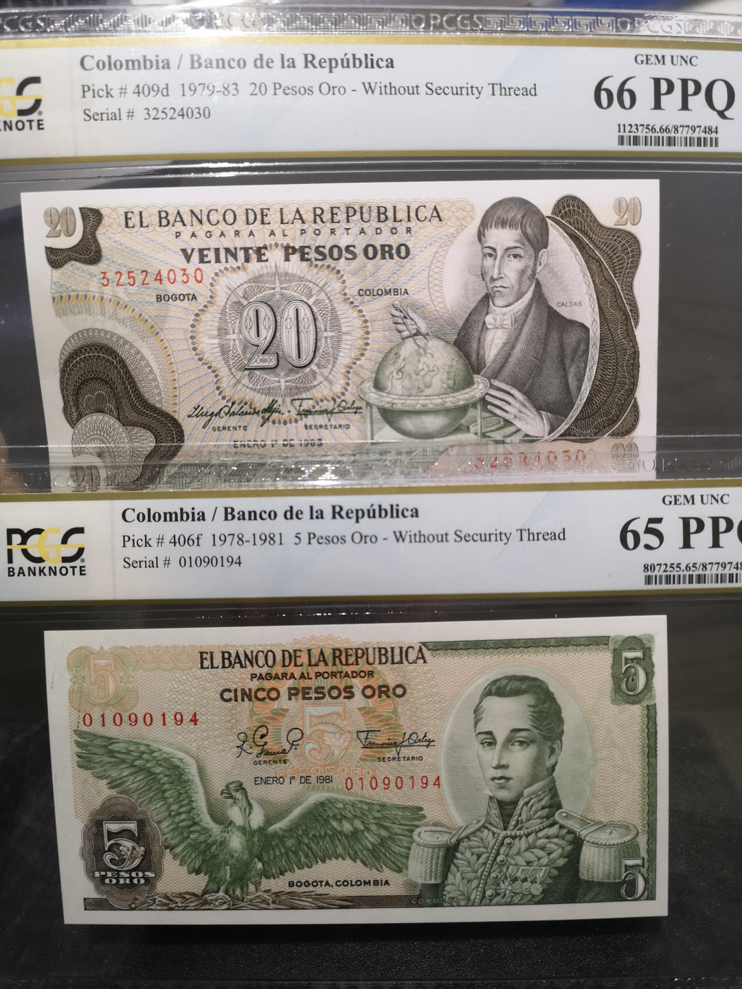 《外钞收藏家》第一百五十三期拍卖（本期94件） 哥伦比亚5、20比索两张一起  PCGS评级
