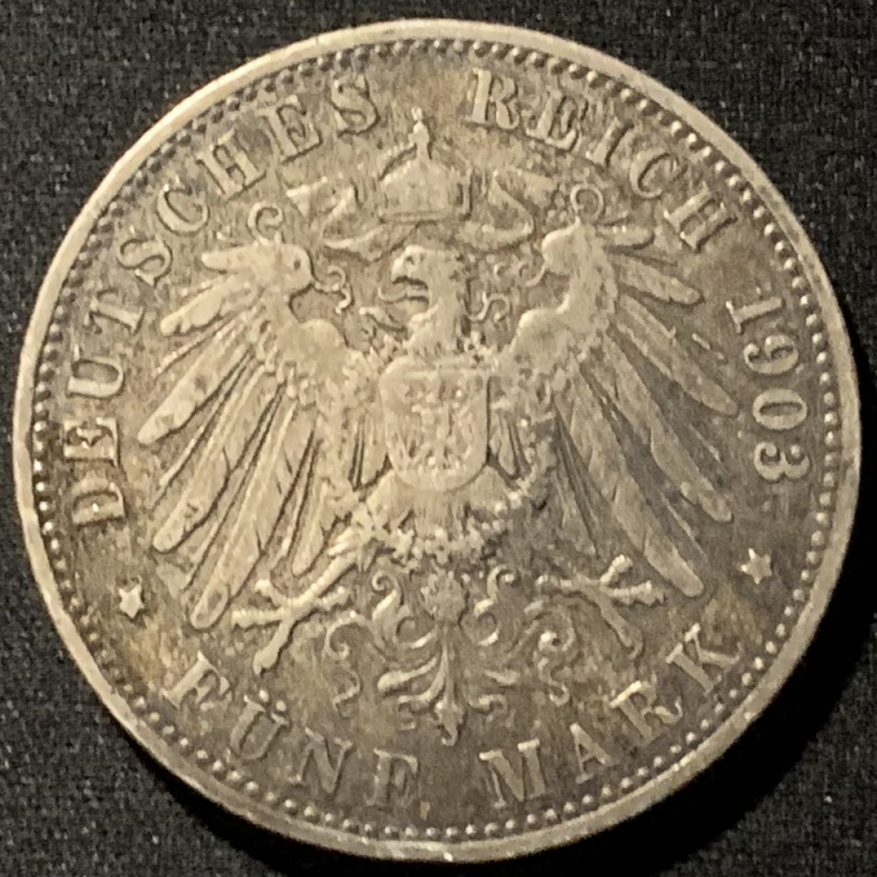 紫瑗钱币——第157期拍卖 德国 普鲁士 1903年 威廉二世 长翅 5马克 27.77克 0.9银 原味包浆