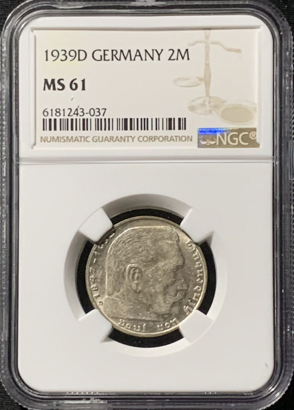 紫瑗钱币——第157期拍卖 德国 1939年 D版 兴登堡 2马克 字符版 银币 NGC MS61