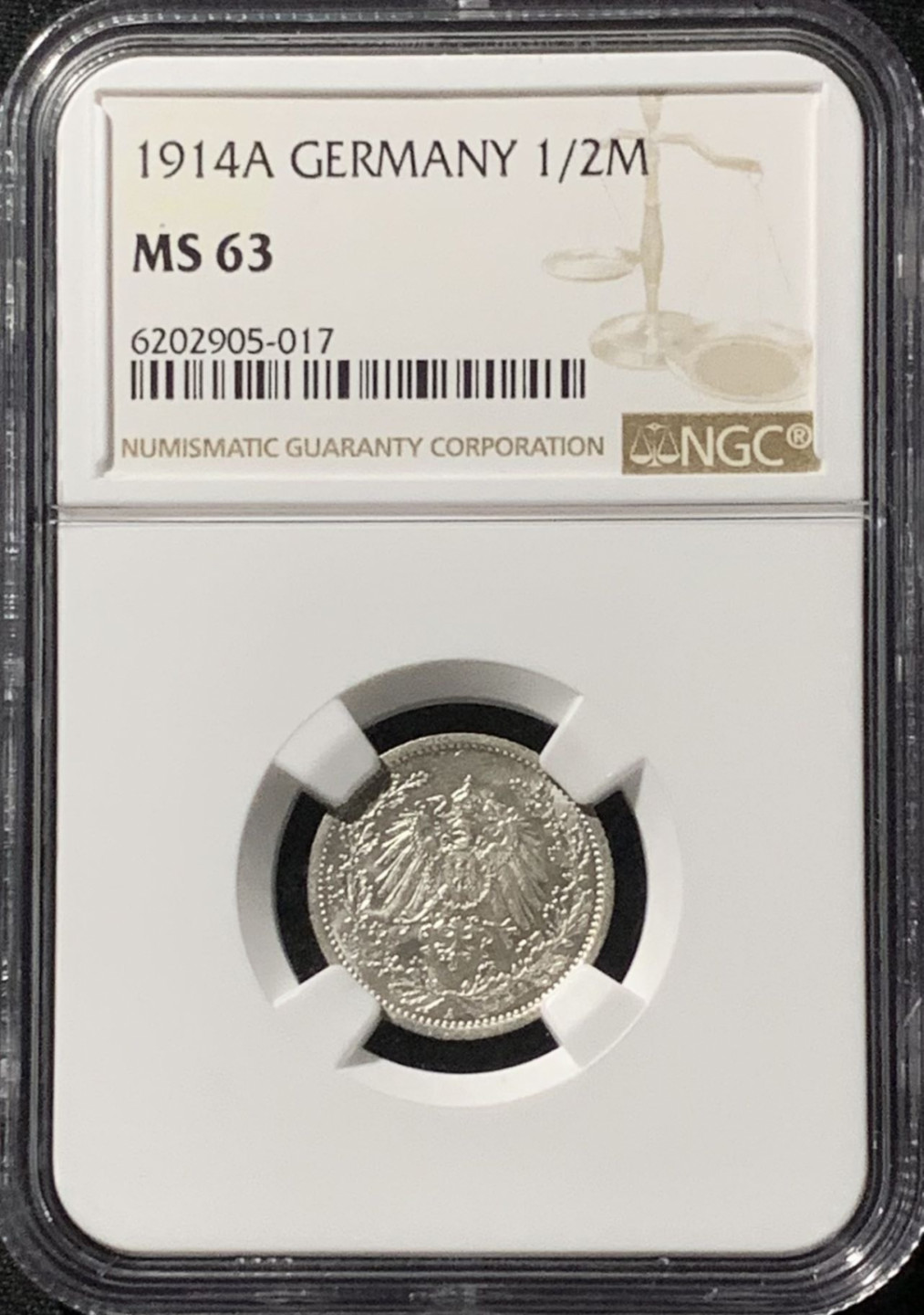 紫瑗钱币——第157期拍卖 德国 1914年 A版 第二帝国 1/2马克 银币 NGC MS63