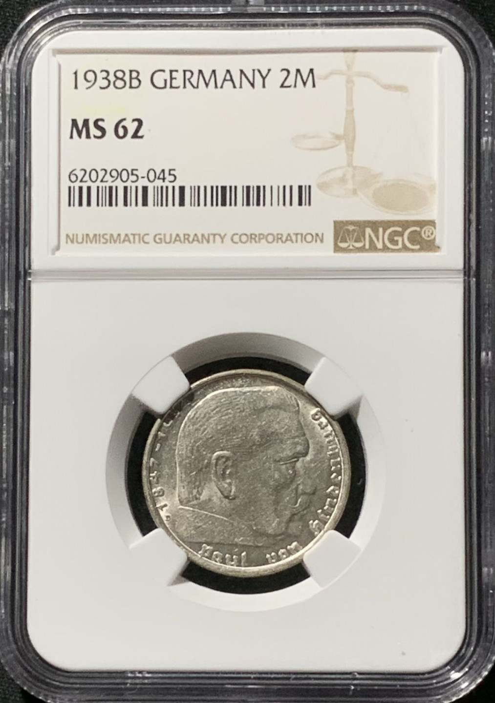 紫瑗钱币——第157期拍卖 德国 1938年 B版 兴登堡 2马克 字符版 银币 NGC MS62