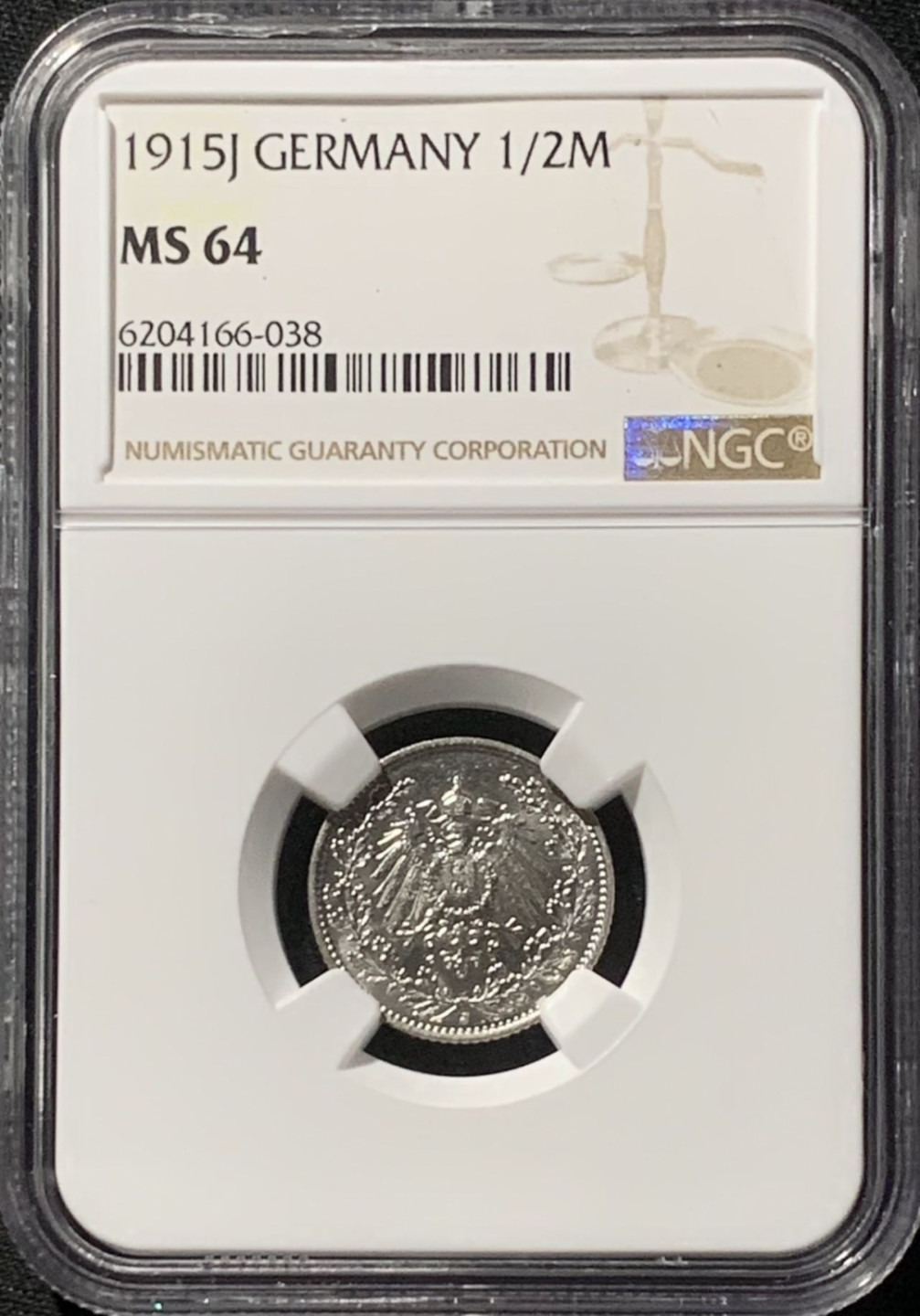 紫瑗钱币——第157期拍卖 德国 1915年 J版 第二帝国 1/2马克 银币 NGC MS64